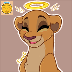Size: 512x512 | Tagged: safe, artist:esmeia, kiara (the lion king), big cat, feline, lion, mammal, disney, the lion king, brown background, bust, cute, eyes closed, female, front view, halo, lioness, open mouth, simple background, solo, solo female, three-quarter view