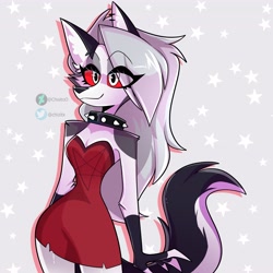 Size: 4096x4096 | Tagged: safe, artist:chizitx, loona (vivzmind), canine, fictional species, hellhound, mammal, anthro, hazbin hotel, helluva boss, 2021, absurd resolution, breasts, clothes, collar, colored sclera, dress, ear fluff, ear piercing, earring, eyebrow through hair, eyebrows, eyelashes, female, fingerless gloves, fluff, fur, gloves, hair, long hair, looking at you, piercing, red sclera, silver hair, smiling, solo, solo female, spiked collar