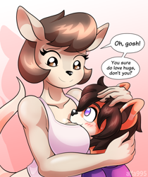 Size: 1074x1280 | Tagged: suggestive, artist:alfa995, oc, oc only, oc:jill (alfa995), kangaroo, mammal, marsupial, red panda, anthro, 2018, between breast, black nose, blushing, bottomless, breasts, commission, cuddling, dialogue, digital art, duo, ears, eyelashes, female, fur, hair, hug, looking at each other, male, male/female, nudity, partial nudity, speech bubble, tail, talking, text, wide hips
