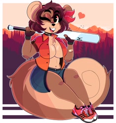Size: 3200x3400 | Tagged: safe, artist:wirelessshiba, oc, oc only, oc:shelly (wirelessshiba), mammal, rodent, squirrel, anthro, bare chest, baseball bat, braless, breasts, chest fluff, cleavage, clothes, female, fingerless gloves, fluff, gloves, high res, long gloves, one eye closed, open clothes, open shirt, shirt, shoes, sneakers, solo, solo female, topwear, winking