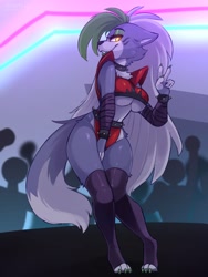Size: 3000x4000 | Tagged: safe, artist:lycnic, roxanne wolf (fnaf), canine, mammal, wolf, anthro, five nights at freddy's, five nights at freddy's: security breach, 2021, breasts, clothes, ear fluff, female, female focus, fluff, gray hair, green hair, hair, legwear, long hair, multicolored hair, smiling, solo focus, tail, tail fluff, thigh highs, thighs, two toned hair