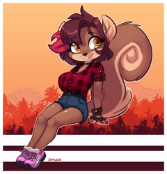 Size: 2860x2980 | Tagged: safe, artist:siroc, oc, oc only, oc:shelly (wirelessshiba), mammal, rodent, squirrel, anthro, bottomwear, breasts, clothes, cutoffs, ear piercing, elbow fluff, female, fingerless gloves, fluff, fur, gloves, hair, high res, piercing, purple hair, shirt, short hair, shorts, smiling, sneakers, solo, solo female, topwear, yellow eyes