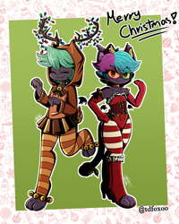 Size: 2000x2500 | Tagged: safe, artist:tdfoxoo, oc, oc only, oc:amira sabbagh, oc:zaira sabbagh, bat, mammal, anthro, 2021, animal costume, barefoot, bat wings, bell, boots, bottomwear, cat costume, cat tail, christmas, clothes, cosplay, costume, cute, deer costume, fangs, femboy, glasses, high heels, high res, holiday, horns, legwear, lights, male, paws, reindeer costume, sharp teeth, shoes, skirt, stockings, teeth, twins, webbed wings, wings