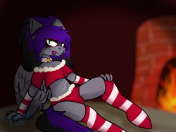 Size: 1280x960 | Tagged: suggestive, artist:revenge.cats, equine, fictional species, mammal, pegasus, pony, anthro, hasbro, my little pony, bulge, cheek fluff, clothes, ear fluff, eyeshadow, fluff, fur, green eyes, hair, legwear, makeup, male, scar, simple background, sitting, solo, solo male, thigh highs, tongue, tongue out, wings