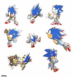 Size: 3833x4096 | Tagged: safe, artist:awkawkl, classic sonic, sonic the hedgehog (sonic), badnik, fictional species, hedgehog, mammal, motobug (sonic), robot, anthro, sega, sonic the hedgehog (series), black eyes, blue body, blue fur, chaos emerald, clothes, frowning, fur, gem, gloves, high res, holding, holding object, kicking, male, open mouth, quills, running, shoes, simple background, smiling, solo, solo male, standing, tail, white background