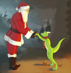 Size: 1049x1080 | Tagged: safe, artist:nyhgault, fictional species, human, kobold, mammal, reptile, anthro, clothes, horns, jewelry, present, santa claus, scarf, tail