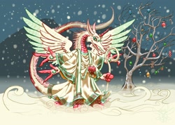 Size: 3296x2341 | Tagged: safe, artist:dahbastard, artist:eukaryoticprokaryote, artist:eukayoticprokaryote, dragon, fictional species, 2021, christmas, clothes, high res, holiday, male, ornaments, plant, robe, smiling, snow, solo, solo male, staff, tree, wings
