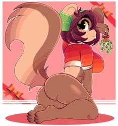 Size: 3000x3200 | Tagged: suggestive, artist:wirelessshiba, oc, oc only, mammal, rodent, squirrel, anthro, plantigrade anthro, bottomless, breasts, butt, christmas, elbow fluff, feet, female, fluff, fur, hair, high res, holding, holding object, holiday, nudity, partial nudity, purple hair, short hair, solo, solo female
