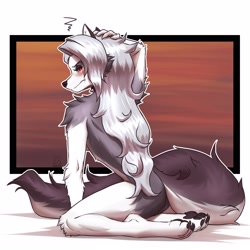 Size: 3000x3000 | Tagged: safe, artist:mykegreywolf, loona (vivzmind), canine, fictional species, hellhound, mammal, anthro, digitigrade anthro, hazbin hotel, helluva boss, 1:1, 2021, border, breasts, butt, ear fluff, female, fluff, hair, high res, long hair, silver hair, solo, solo female, tail, tail fluff, thighs, white border