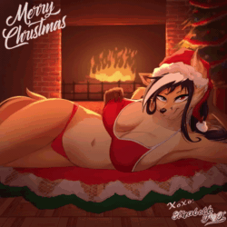 Size: 1080x1080 | Tagged: suggestive, artist:viejillox, oc, oc only, oc:elizabeth fox (viejillox), canine, fox, mammal, anthro, 2021, animated, big breasts, bikini, black hair, breasts, christmas, clothes, ear fluff, female, fluff, hair, hat, headwear, holiday, looking at you, multicolored hair, no sound, santa hat, smiling, smiling at you, solo, solo female, swimsuit, tail, thick thighs, thighs, two toned hair, vixen, webm, white hair