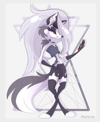 Size: 1648x2000 | Tagged: safe, artist:marbola, loona (vivzmind), canine, fictional species, hellhound, mammal, anthro, digitigrade anthro, hazbin hotel, helluva boss, 2019, cell phone, clothes, ears, female, hair, long hair, phone, silver hair, smartphone, solo, solo female, tail, thighs