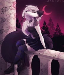 Size: 1772x2048 | Tagged: safe, artist:marbola, loona (vivzmind), canine, fictional species, hellhound, mammal, anthro, hazbin hotel, helluva boss, 2020, blood moon, boots, bottomwear, breasts, chest fluff, clothes, ears, female, fluff, fur, hair, jewelry, legwear, long hair, moon, necklace, outdoors, shoes, silver hair, sitting, skirt, smiling, sneakers, solo, solo female, striped clothes, striped legwear, tail, thigh highs, thighs, white hair, wristband