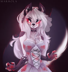 Size: 1859x1966 | Tagged: safe, artist:marbola, loona (vivzmind), canine, fictional species, hellhound, mammal, anthro, hazbin hotel, helluva boss, 2020, abstract background, big breasts, blood, breasts, claws, cleavage, clothes, dress, ear piercing, earring, ears, female, fluff, gloves, hair, jewelry, long gloves, long hair, looking at you, necklace, piercing, signature, silver hair, smiling, smiling at you, solo, solo female, tail