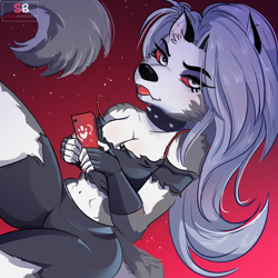 Size: 4096x4096 | Tagged: safe, artist:pittree, loona (vivzmind), canine, fictional species, hellhound, mammal, anthro, hazbin hotel, helluva boss, 2020, absurd resolution, big breasts, breasts, cell phone, clothes, ears, female, gray hair, hair, long hair, looking at you, phone, smartphone, smiling, smiling at you, solo, solo female, tail, thick thighs, thighs