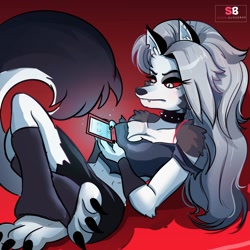 Size: 1280x1280 | Tagged: safe, artist:pittree, loona (vivzmind), canine, fictional species, hellhound, mammal, anthro, digitigrade anthro, hazbin hotel, helluva boss, 2019, breasts, cell phone, clothes, ears, female, gray hair, hair, long hair, phone, smartphone, solo, solo female, tail, thighs