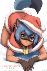 Size: 1000x1500 | Tagged: safe, artist:johnjoseco, michiru kagemori (bna), canine, mammal, raccoon dog, anthro, bna: brand new animal, 2021, all fours, blue hair, blue tail, christmas, clothes, ears, female, hair, holiday, looking at you, multicolored eyes, smiling, smiling at you, solo, solo female, tail, two toned eyes
