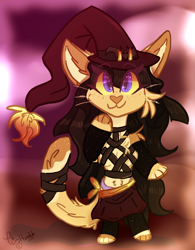 Size: 680x870 | Tagged: safe, artist:tizhonolulu, oc, oc:buttercup honolulu, cat, feline, mammal, anthro, clothes, female, hair, hat, headwear, paws, solo, solo female, tail, whiskers, witch hat