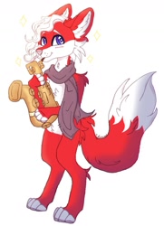 Size: 1132x1563 | Tagged: safe, artist:tizhonolulu, oc, oc only, canine, dog, mammal, anthro, digitigrade anthro, 2021, clothes, commission, ear fluff, fluff, male, red body, saxophone, scarf, smiling, solo, solo male, tail, white body