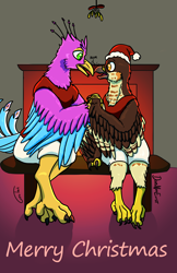 Size: 2200x3400 | Tagged: safe, artist:doesnotexist, artist:gyrotech, oc, oc:gyro feather, oc:gyro feather (bird), oc:lief woodcock, bird, eurasian sparrowhawk, galliform, hawk, peafowl, sparrowhawk, anthro, beak, bird feet, bird hands, claws, duo, feathered wings, feathers, fire, green eyes, high res, kissing, male, pink body, purple body, tail, tail feathers, wings, yellow body