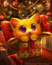 Size: 700x875 | Tagged: safe, artist:cryptid-creations, cat, feline, mammal, feral, 2021, christmas, christmas tree, conifer tree, cryptid-creations is trying to murder us, cute, fur, holiday, kitten, open mouth, ornaments, present, purple eyes, tree, yellow body, yellow fur, young