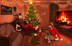 Size: 1800x1145 | Tagged: safe, artist:vallhund, canine, mammal, anthro, plantigrade anthro, 2021, bathrobe, bottomwear, bow, candle, christmas, christmas tree, clothes, conifer tree, couch, crossed legs, curled tail, duo, duo male, fire, fur, gray body, gray fur, holiday, indoors, looking at each other, male, males only, mug, open mouth, open smile, orange body, orange fur, painting, pajamas, pants, paws, present, shirt, sitting, smiling, steam, tail, topwear, tree, tv, watermark, white body, white fur