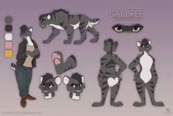 Size: 1280x861 | Tagged: safe, artist:ritwells, oc, oc:sai bree (demonlord261), feline, mammal, saber-toothed cat, smilodon, anthro, feral, plantigrade anthro, 2017, bottomwear, clothes, color palette, complete nudity, duality, featureless crotch, female, flat chest, front view, fur, gradient background, gray hair, hair, nudity, pants, paw pads, paws, rear view, reference sheet, sabertooth (anatomy), shoes, solo, solo female, standing, striped fur, teeth, topwear, white body, white fur, yellow eyes