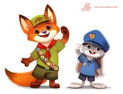 Size: 900x691 | Tagged: safe, artist:cryptid-creations, judy hopps (zootopia), nick wilde (zootopia), canine, fox, lagomorph, mammal, rabbit, red fox, anthro, disney, zootopia, 2d, cute, duo, duo male and female, female, male, paw pads, paws, simple background, white background, young, younger