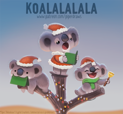 Size: 759x702 | Tagged: safe, artist:cryptid-creations, koala, mammal, marsupial, feral, 2d, ambiguous gender, ambiguous only, book, christmas, christmas lights, clothes, group, hat, headwear, holiday, lights, pun, santa hat, singing, trio, trio ambiguous, visual pun