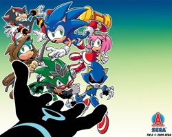 Size: 1280x1024 | Tagged: safe, artist:tracy yardley, official art, amy rose (sonic), metal sonic (sonic), rob o' the hedge (sonic), scourge the hedgehog (sonic), shadow the hedgehog (sonic), silver the hedgehog (sonic), sonic the hedgehog (sonic), hedgehog, mammal, robot, anthro, archie sonic the hedgehog, sega, sonic the hedgehog (series), 2009, female, male, offscreen character, piko piko hammer