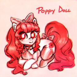 Size: 500x500 | Tagged: safe, artist:bunchi, oc, oc only, oc:poppy doll, earth pony, equine, fictional species, mammal, pony, feral, hasbro, my little pony, bow, clothes, cute, female, fur, hair, hooves, latex, legwear, red eyes, red hair, simple background, solo, solo female, stockings, white body, white fur, yandere