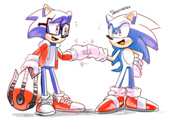 Size: 1280x892 | Tagged: safe, artist:drawloverlala, nicky the hedgehog (sonic), sonic the hedgehog (sonic), hedgehog, mammal, anthro, sega, sonic the hedgehog (series), sonic the hedgehog manga, clothes, fist bump, glasses, gloves, green eyes, jacket, male, simple background, sneakers, topwear, white background