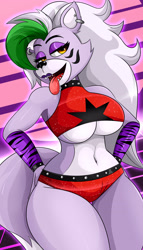 Size: 1890x3311 | Tagged: safe, artist:sonson-sensei, roxanne wolf (fnaf), canine, mammal, wolf, anthro, five nights at freddy's, five nights at freddy's: security breach, 2021, big breasts, breasts, clothes, crop top, ear piercing, earring, ears, female, green hair, hair, lidded eyes, long hair, looking at you, midriff, multicolored hair, piercing, smiling, solo, solo female, tail, thick thighs, thighs, tongue, tongue out, topwear, two toned hair, underboob, white hair