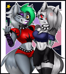 Size: 4000x4500 | Tagged: safe, artist:e4hargus, loona (vivzmind), roxanne wolf (fnaf), animatronic, canine, fictional species, hellhound, mammal, robot, wolf, anthro, five nights at freddy's, five nights at freddy's: security breach, hazbin hotel, helluva boss, 2021, absurd resolution, border, breasts, clothes, crossover, duo, duo female, ears, female, females only, gray hair, green hair, hair, long hair, looking at you, multicolored hair, smiling, smiling at you, tail, thick thighs, thighs, two toned hair, white border