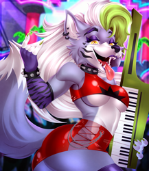 Size: 2300x2645 | Tagged: safe, artist:amanddica, roxanne wolf (fnaf), canine, mammal, wolf, anthro, cc by-nc-nd, creative commons, five nights at freddy's, five nights at freddy's: security breach, 2020, big butt, breasts, butt, clothes, ear fluff, ear piercing, earring, ears, female, fluff, fur, gray body, gray fur, green hair, hair, high res, keytar, long hair, looking at you, multicolored hair, piercing, smiling, smiling at you, solo, solo female, tail, tail fluff, thick thighs, thighs, tongue, tongue out, topwear, two toned hair, underboob, white hair