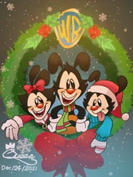 Size: 768x1024 | Tagged: safe, artist:shadowqueen64, dot warner (animaniacs), wakko warner (animaniacs), yakko warner (animaniacs), animaniac (species), fictional species, mammal, anthro, animaniacs, warner brothers, bow, brother, brother and sister, brothers, christmas, clothes, costume, female, gloves, group, hair bow, hat, headwear, holiday, male, santa costume, santa hat, scarf, siblings, sister, sweater, topwear, trio, wreath