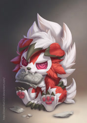 Size: 495x700 | Tagged: safe, artist:silverfox5213, fictional species, lycanroc, mammal, midnight lycanroc, feral, nintendo, pokémon, 2016, ambiguous gender, bedroom eyes, behaving like a dog, black nose, claws, colored sclera, cute, cute little fangs, digital art, ears, fangs, fur, holding, looking at you, mouth hold, paw pads, paws, pink sclera, simple background, sitting, solo, solo ambiguous, tail, teeth