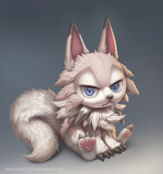 Size: 656x700 | Tagged: safe, artist:silverfox5213, fictional species, lycanroc, mammal, midday lycanroc, feral, nintendo, pokémon, 2016, ambiguous gender, bedroom eyes, black nose, claws, cute, cute little fangs, digital art, ears, fangs, fur, looking at you, paw pads, paws, simple background, sitting, solo, solo ambiguous, tail, teeth