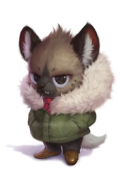 Size: 427x600 | Tagged: safe, artist:silverfox5213, haida (aggretsuko), hyena, mammal, spotted hyena, anthro, aggretsuko, sanrio, 2020, black nose, clothes, digital art, ears, fur, hand in pocket, looking at you, male, solo, solo male, tail
