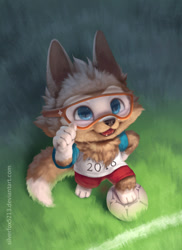 Size: 559x767 | Tagged: safe, artist:silverfox5213, zabivaka (fifa), canine, mammal, wolf, anthro, fifa, 2016, ball, black nose, clothes, digital art, ears, fur, goggles, looking at you, male, soccer, soccer ball, solo, solo male, tail