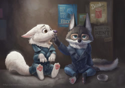 Size: 1000x707 | Tagged: safe, artist:silverfox5213, canine, mammal, wolf, anthro, disney, zootopia, 2016, black nose, clothes, digital art, duo, duo male, ears, fur, jobless, looking at you, male, males only, paw pads, paws, tail, unamused