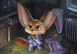 Size: 1000x707 | Tagged: safe, artist:silverfox5213, finnick (zootopia), canine, fennec fox, fox, mammal, anthro, disney, zootopia, 2016, black nose, clothes, costume, detailed background, digital art, ears, fur, looking at you, male, solo, solo male, tail