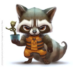 Size: 662x613 | Tagged: safe, artist:silverfox5213, groot (marvel), rocket raccoon (marvel), alien, animate plant, fictional species, flora colossus, mammal, procyonid, raccoon, anthro, guardians of the galaxy, marvel, 2014, black nose, chibi, clothes, digital art, duo, ears, fur, holding, looking at you, male, tail