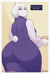 Size: 2273x3377 | Tagged: safe, artist:doggomeatball, toriel (undertale), bovid, goat, mammal, anthro, undertale, 2019, breasts, butt, clothes, dialogue, digital art, ears, eyelashes, eyes closed, female, fur, high res, horns, looking at you, looking back, looking back at you, mature, mature female, rear view, sideboob, solo, solo female, speech bubble, tail, talking, text, thighs, wide hips