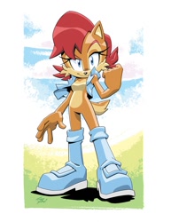 Size: 927x1200 | Tagged: safe, artist:tracy yardley, princess sally acorn (sonic), chipmunk, mammal, rodent, archie sonic the hedgehog, sega, sonic the hedgehog (series), blue eyes, boots, clothes, eyebrows, eyelashes, female, fur, hair, jacket, looking at you, red hair, shoes, smirk, tail, topwear