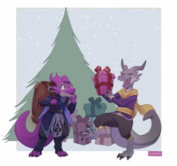 Size: 3109x2916 | Tagged: safe, artist:rmikkyart, fictional species, kobold, reptile, anthro, backpack, christmas, christmas tree, conifer tree, female, high res, holiday, horns, male, present, tail, tree