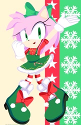 Size: 662x1024 | Tagged: safe, artist:nuinu_17, amy rose (sonic), hedgehog, mammal, anthro, plantigrade anthro, sega, sonic the hedgehog (series), bipedal, bow, candy, candy cane, christmas, clothes, dress, female, food, fur, gloves, green dress, green eyes, hair bow, holiday, legwear, pink body, pink fur, quills, shoes, smiling, snowflake, solo, solo female, standing, striped clothes, striped legwear