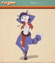 Size: 2100x2400 | Tagged: safe, artist:fox-popvli, krystal (star fox), canine, fox, mammal, anthro, series:fox-popvli's foxtober, nintendo, star fox, barefoot, big breasts, breasts, claws, clothes, cosplay, costume, crossover, ear piercing, earring, feet, female, green eyes, high res, looking at you, nadia (nadia: the secret of blue water), nadia: the secret of blue water, open mouth, open smile, piercing, shoe, smiling, smiling at you, soles, solo, solo female, thick thighs, thighs, toe claws, toes, vixen, wide hips