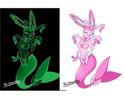 Size: 1024x820 | Tagged: safe, artist:thedemonfoxy, eeveelution, fictional species, fish, mammal, sylveon, anthro, nintendo, pokémon, 2019, bikini, bikini top, black nose, breasts, clothes, digital art, eyelashes, female, fins, fish tail, fur, looking at you, one eye closed, simple background, smiling, smiling at you, solo, solo female, swimsuit, tail, wide hips