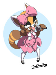 Size: 1024x1366 | Tagged: safe, artist:thedemonfoxy, retsuko (aggretsuko), mammal, red panda, anthro, aggretsuko, sanrio, 2019, bedroom eyes, black nose, bow, breasts, clothes, digital art, dress, eyelashes, female, fur, legwear, looking at you, microphone, open mouth, shoes, simple background, solo, solo female, stockings, tail, thighs, tongue, tongue out, wide hips