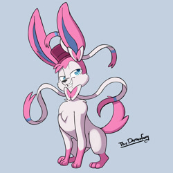 Size: 1024x1024 | Tagged: safe, artist:thedemonfoxy, eeveelution, fictional species, mammal, sylveon, feral, nintendo, pokémon, 2020, bedroom eyes, black nose, chest fluff, digital art, ears, fluff, fur, male, open mouth, paws, sharp teeth, simple background, sitting, solo, solo male, tail, teeth